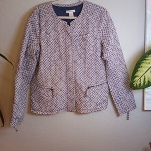Orvis Cotton Quilted Casual Boho Blue Cream Classic Preppy Zip Up Chore Coat Lg